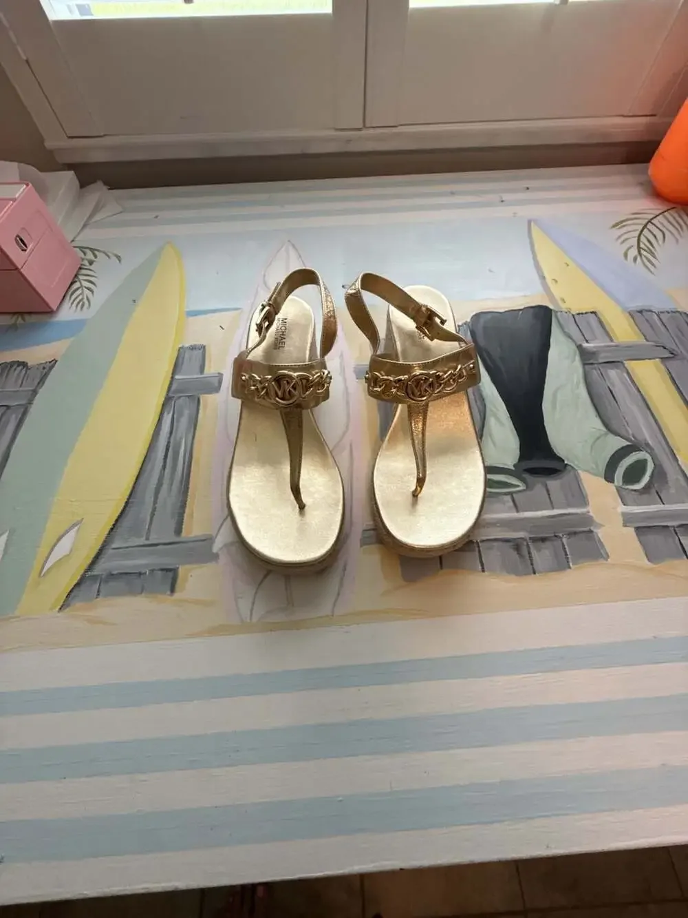 Michael Kors Roxane Metallic Gold T-Strap Espadrille Wedge Sandals